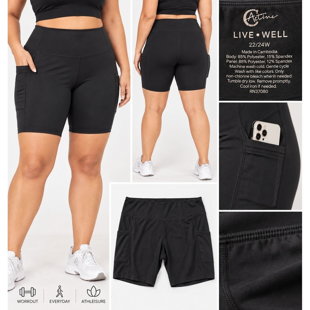 Active Women Black Side Pocket Biker Shorts Spandex Athleisure 22/24W